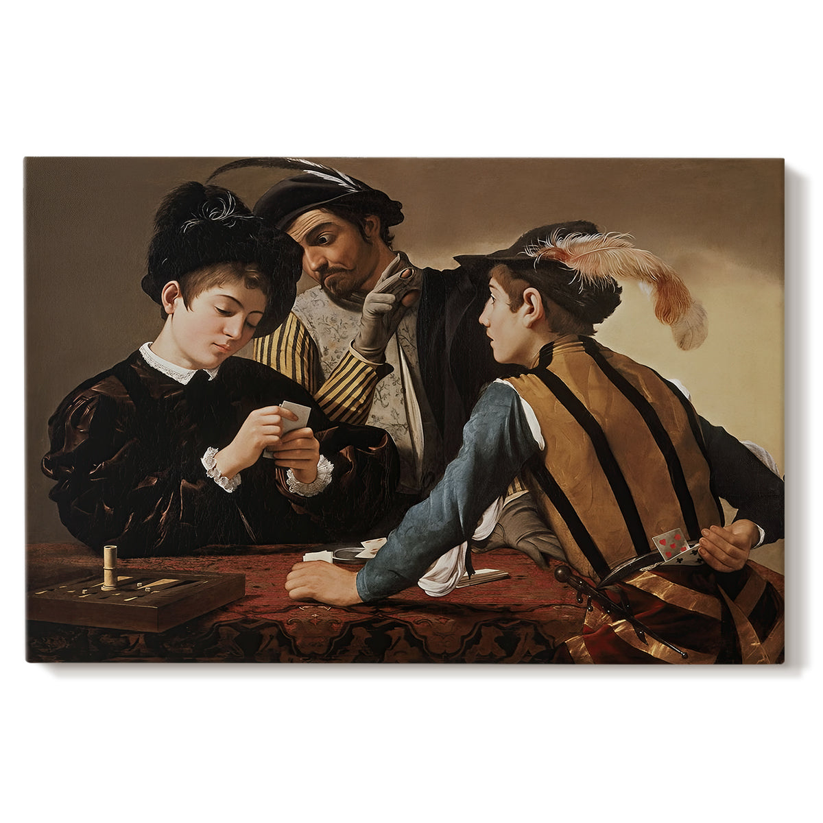 Canvas art print portraying two men cheating at cards while a third figure secretly observes behind them, set against a white background