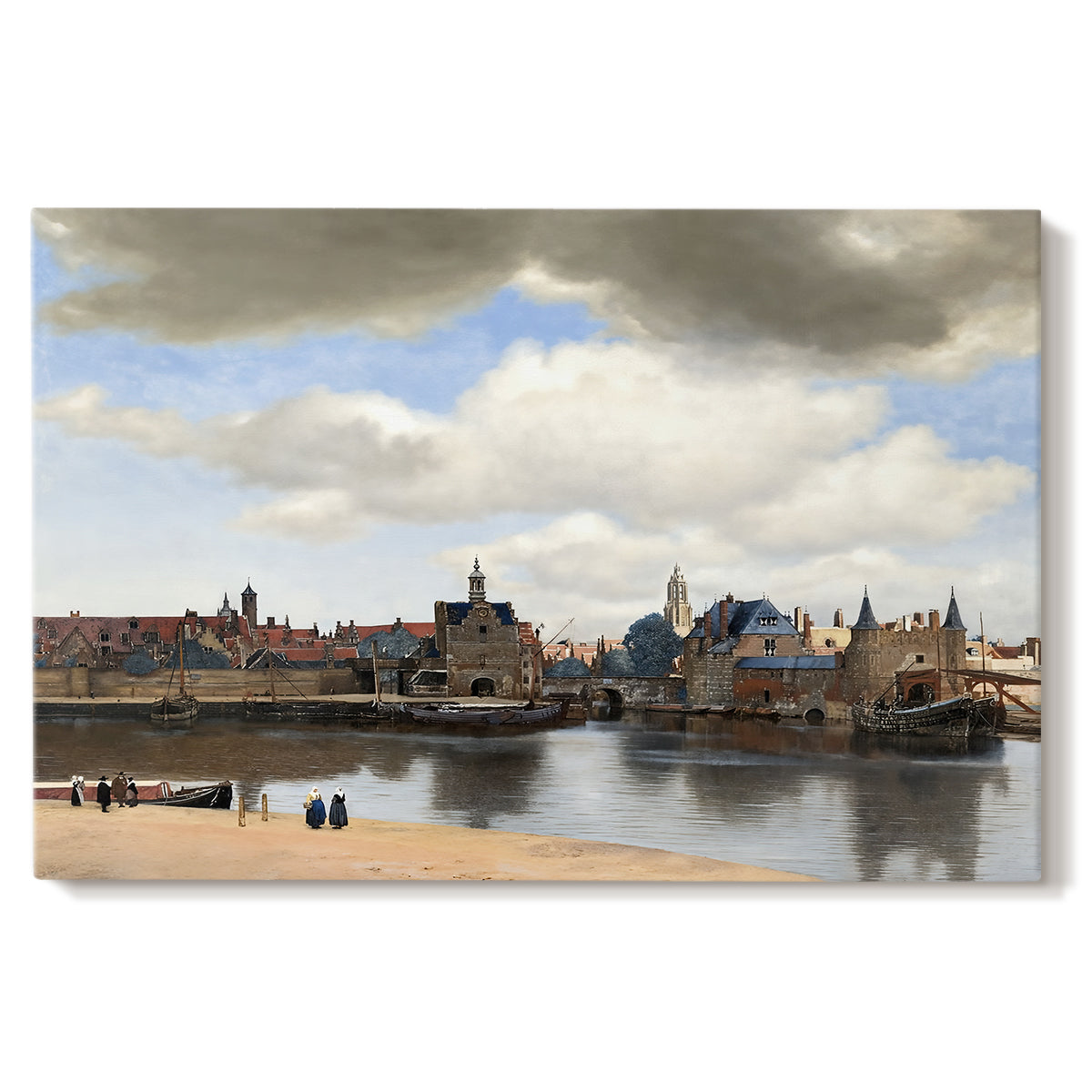 Canvas art print portraying a cityscape of Delft with buildings reflected in calm water, set against a white background