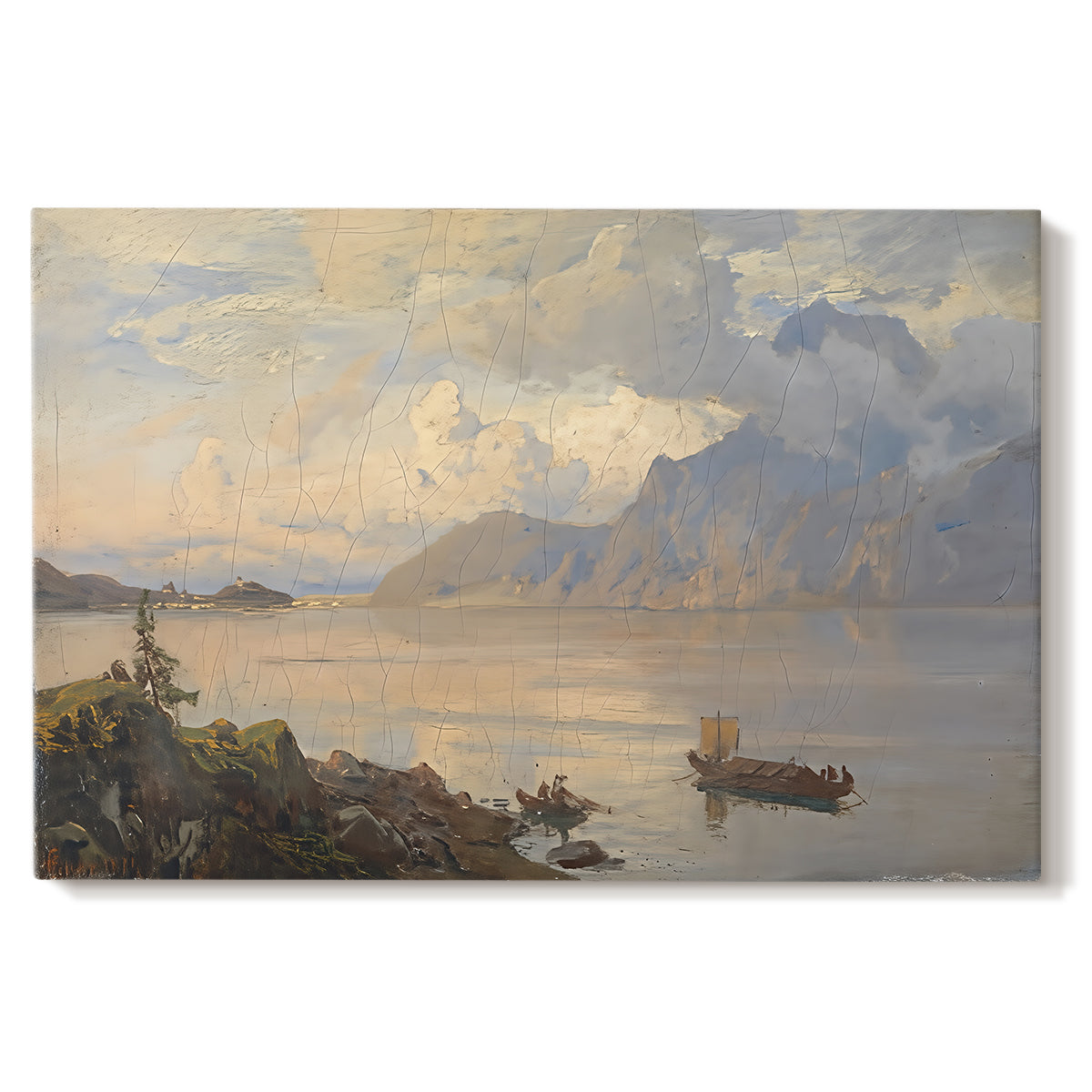 Canvas art print portraying a lake surrounded by mountains with boats on calm water, set against a white background