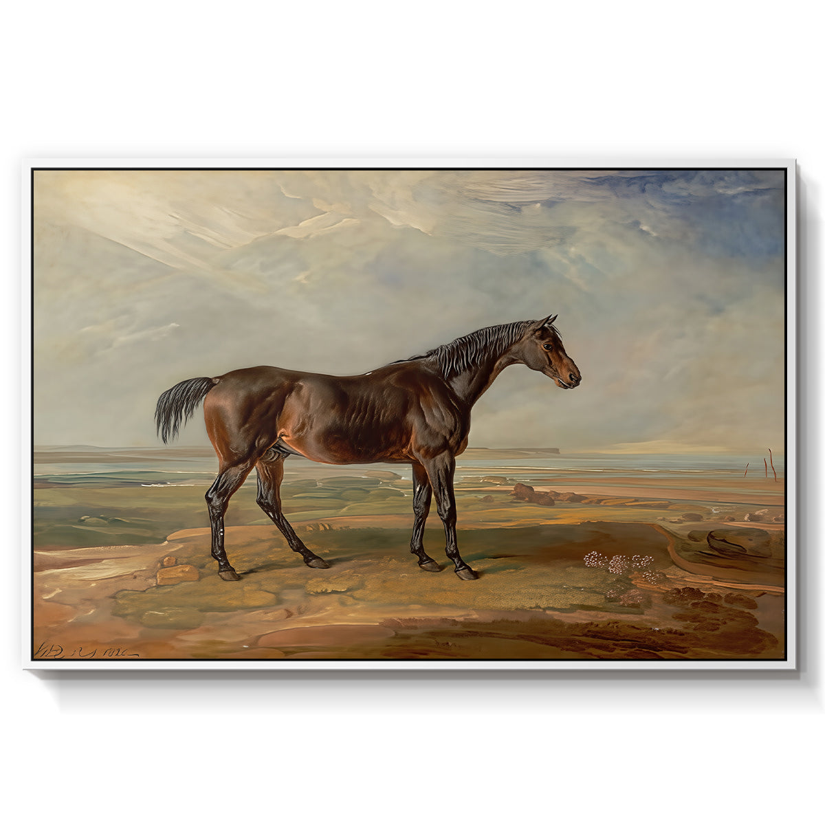 Dr. Syntax, a Bay Racehorse, Standing in a Coastal Landscape, an Estuary Beyond, c. 1820 - Floater Framed Canvas Print