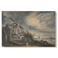 Canvas art print portraying a rural mill beside water surrounded by trees, set against a white background