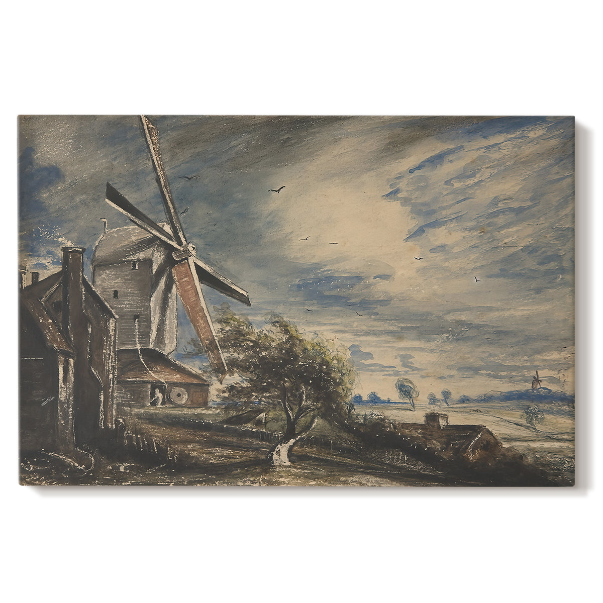 Canvas art print portraying a rural mill beside water surrounded by trees, set against a white background