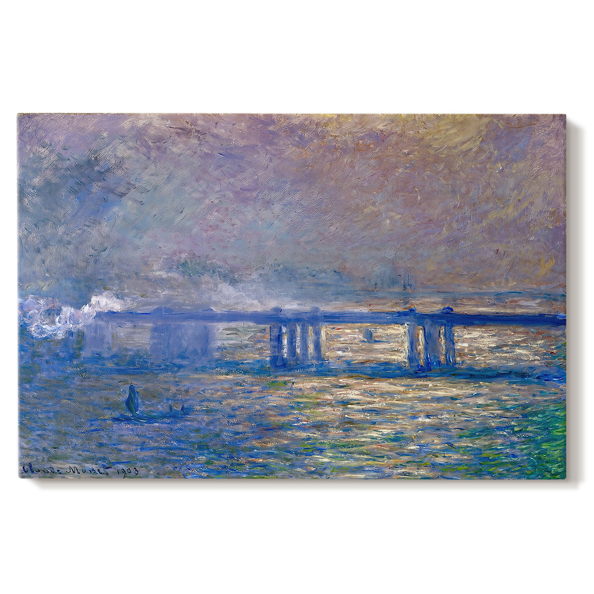 Canvas art print portraying an impressionist view of bridge stretching across river with soft light and haze, set against a white background