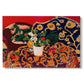 Canvas art print portraying a vibrant still life with fruit, vessels, and patterned objects on a table, set against a white background