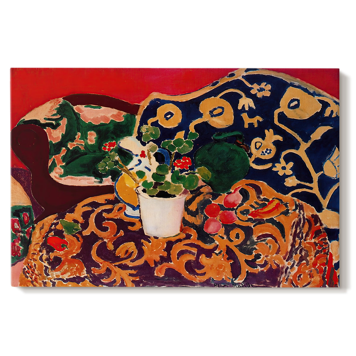 Canvas art print portraying a vibrant still life with fruit, vessels, and patterned objects on a table, set against a white background