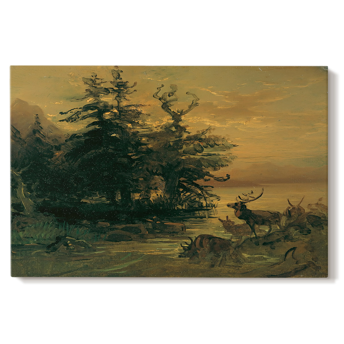 Canvas art print portraying deer near lakeshore with mountains behind, set against a white background