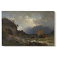Canvas art print portraying a rugged Norwegian coastline with cliffs, water, and distant boats, set against a white background