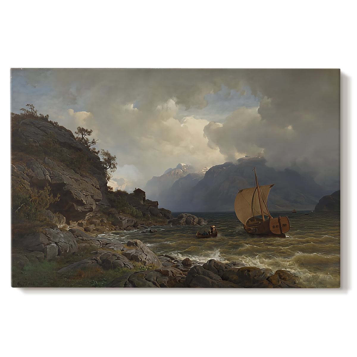 Canvas art print portraying a rugged Norwegian coastline with cliffs, water, and distant boats, set against a white background