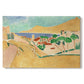 Canvas art print portraying a bright coastal townscape with buildings, water, and vivid colors, set against a white background