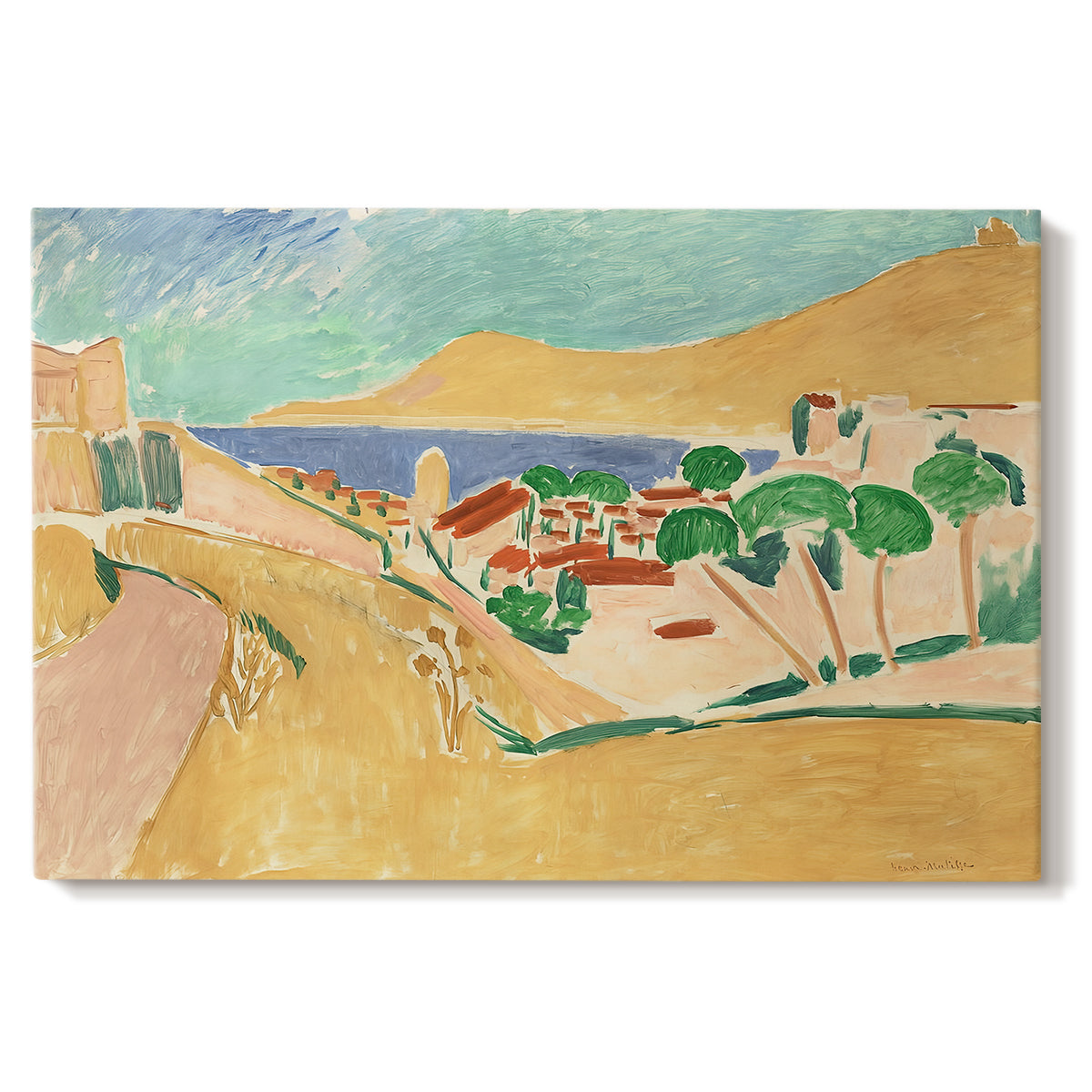Canvas art print portraying a bright coastal townscape with buildings, water, and vivid colors, set against a white background
