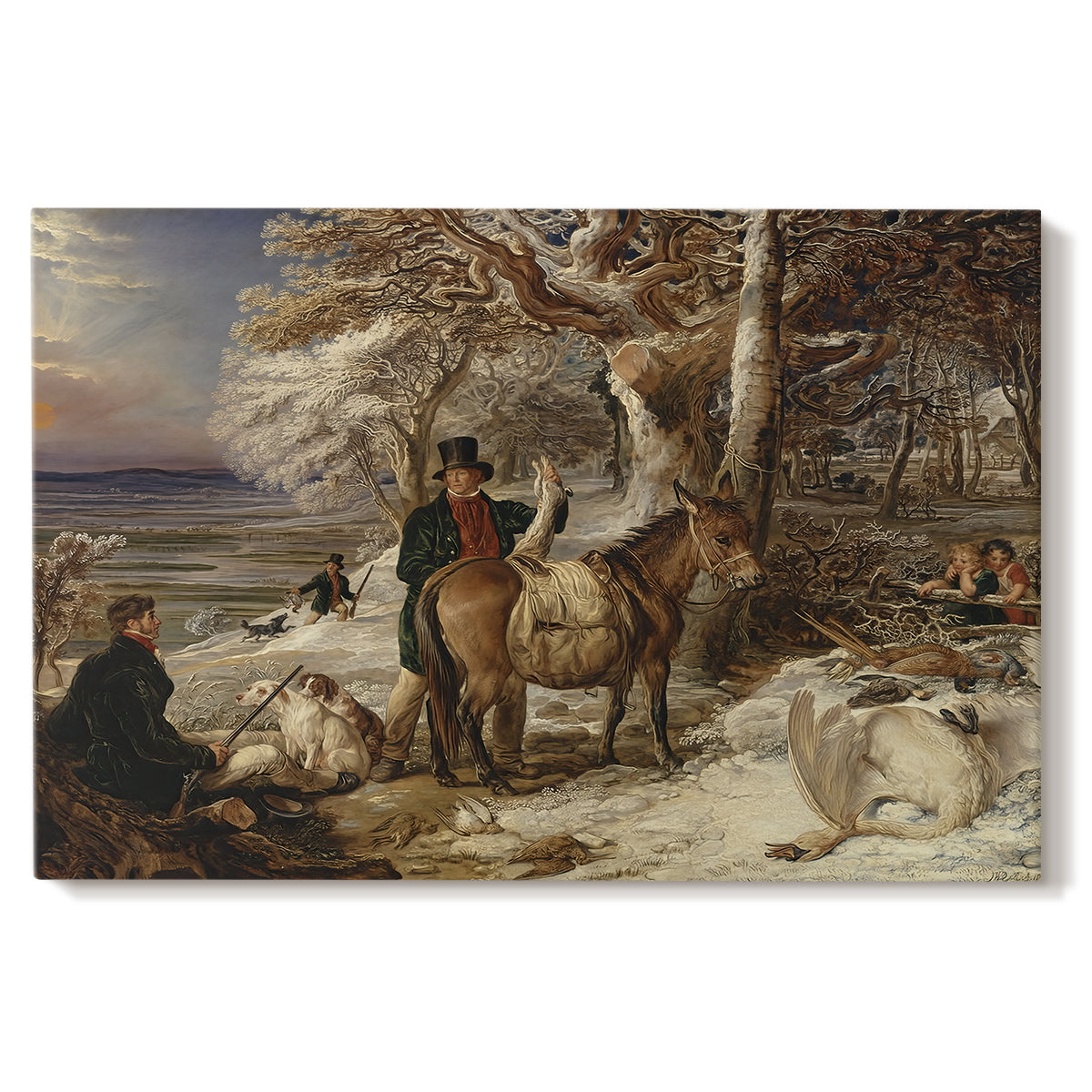 Canvas art print portraying a group of hunters and dogs gathered after hunt in countryside, set against a white background