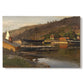 Canvas art print portraying a small harbor with boats docked along shoreline near buildings, set against a white background