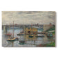 Canvas art print portraying a bridge crossing river under gray sky with muted reflections, set against a white background