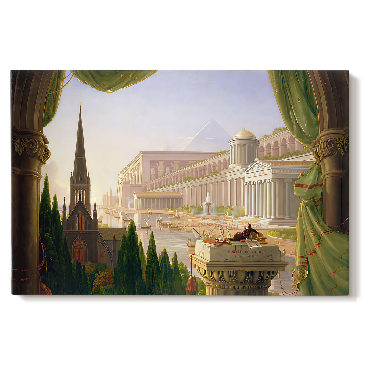 Canvas art print portraying a grand architectural fantasy with multiple historical structures in unified composition, set against a white background