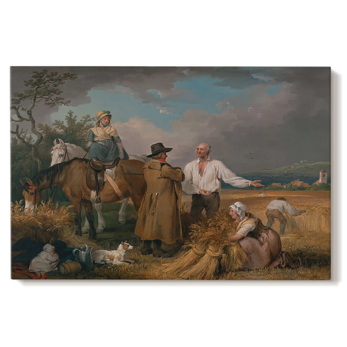 Canvas art print portraying a group of figures harvesting crops in open rural landscape, set against a white background