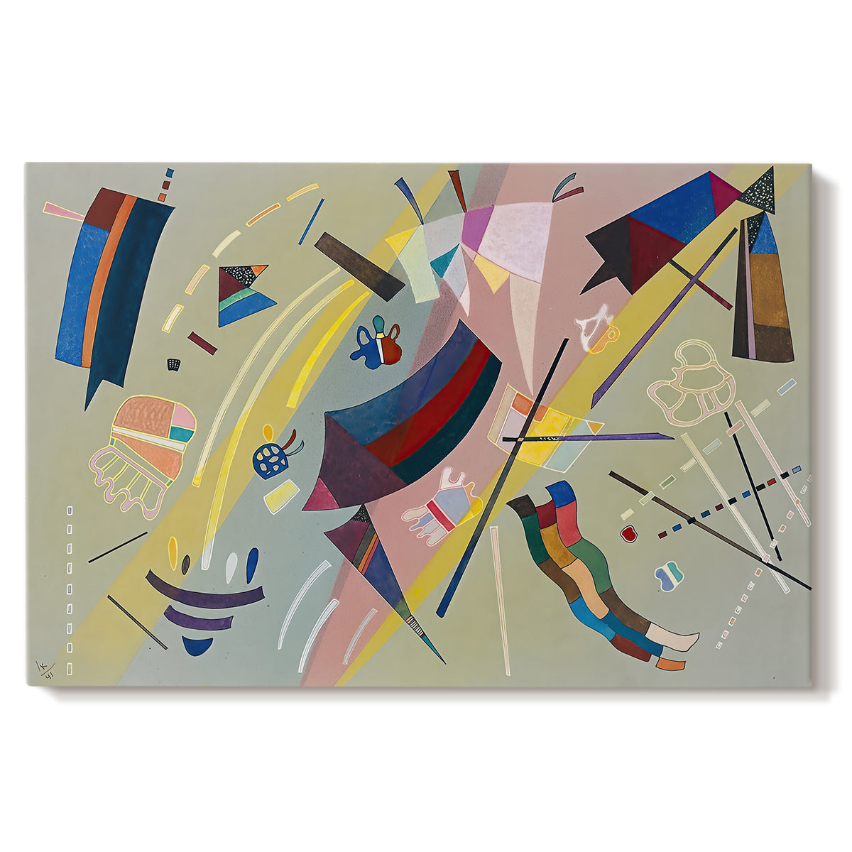 Canvas art print portraying a geometric abstract composition with intersecting lines and floating shapes, set against a white background