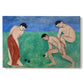 Canvas art print portraying figures playing bowls outdoors in a simplified colorful landscape, set against a white background