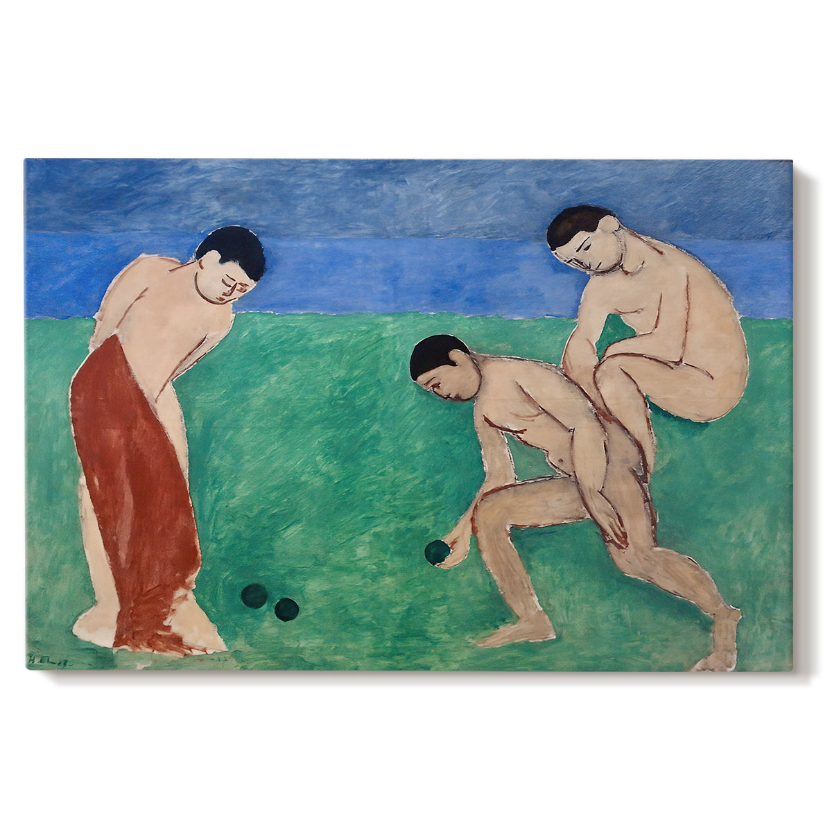 Canvas art print portraying figures playing bowls outdoors in a simplified colorful landscape, set against a white background