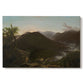 Canvas art print portraying a mountain valley at sunrise with light spreading across trees and hills, set against a white background