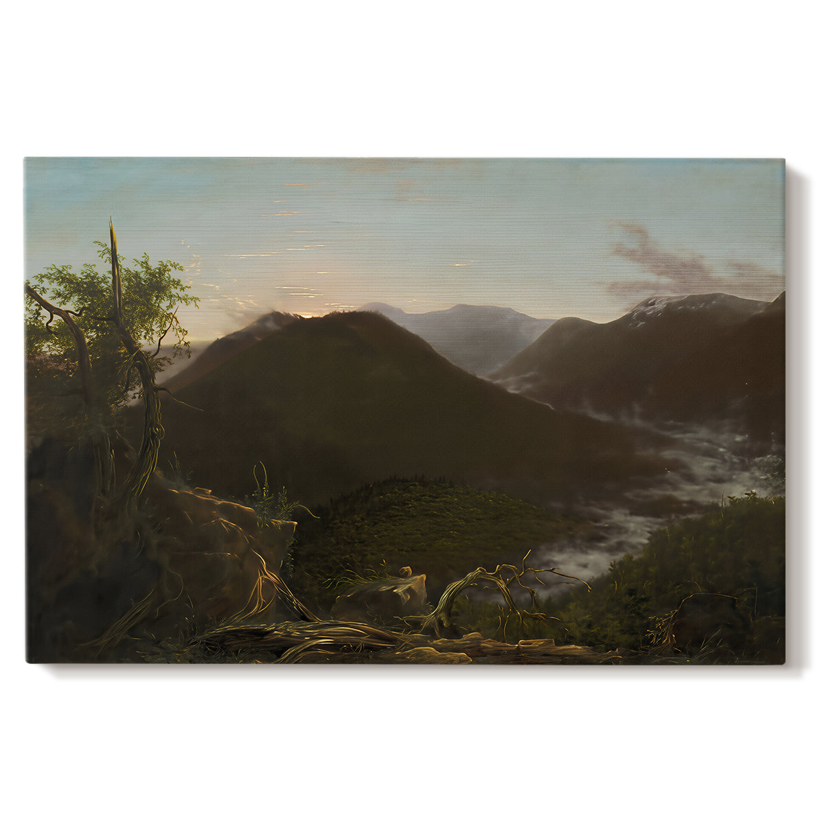 Canvas art print portraying a mountain valley at sunrise with light spreading across trees and hills, set against a white background