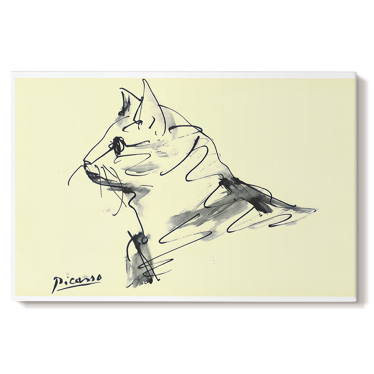 Canvas art print portraying a simple line drawing of cat in relaxed pose, set against a white background