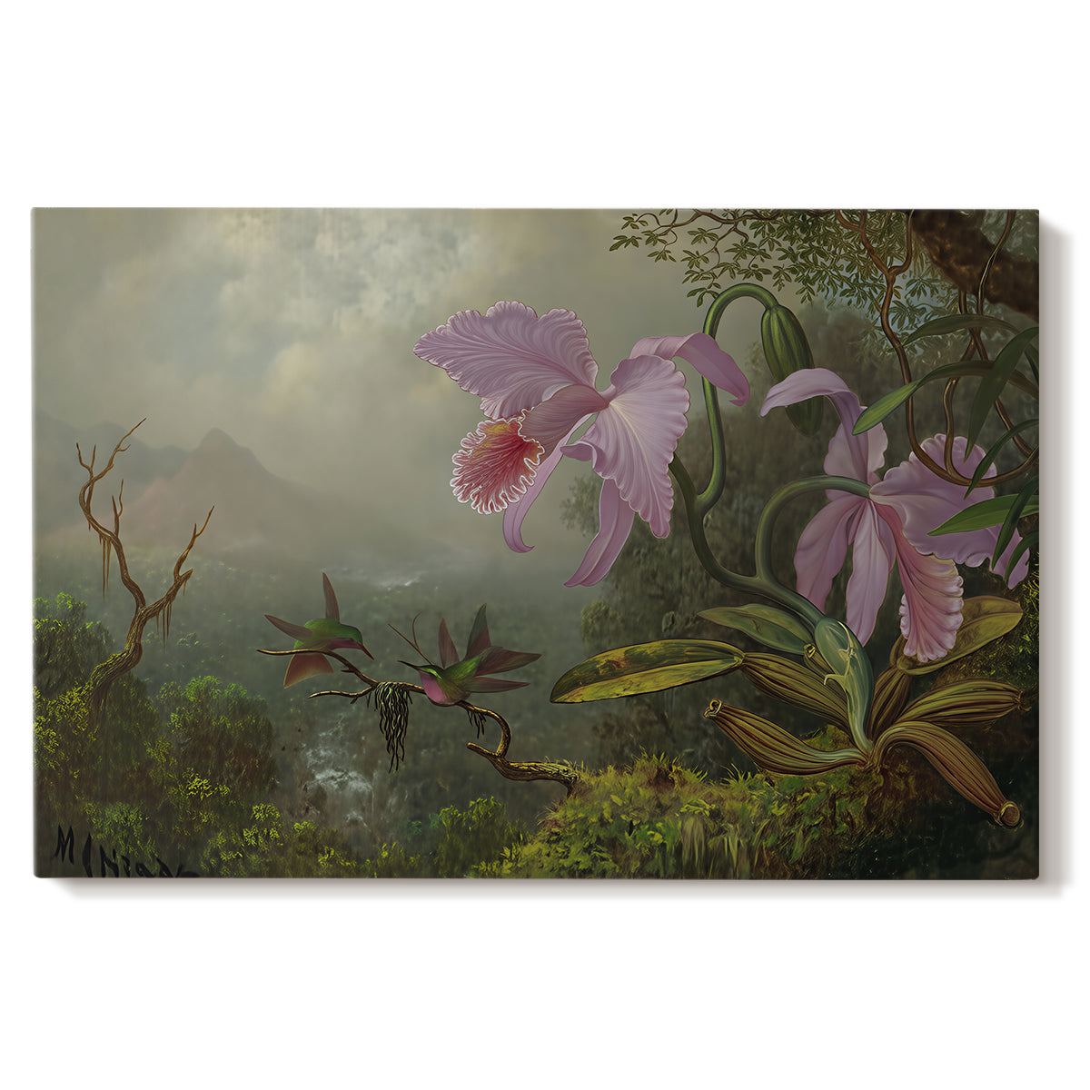 Canvas art print portraying two hummingbirds perched on branch with foliage, set against a white background