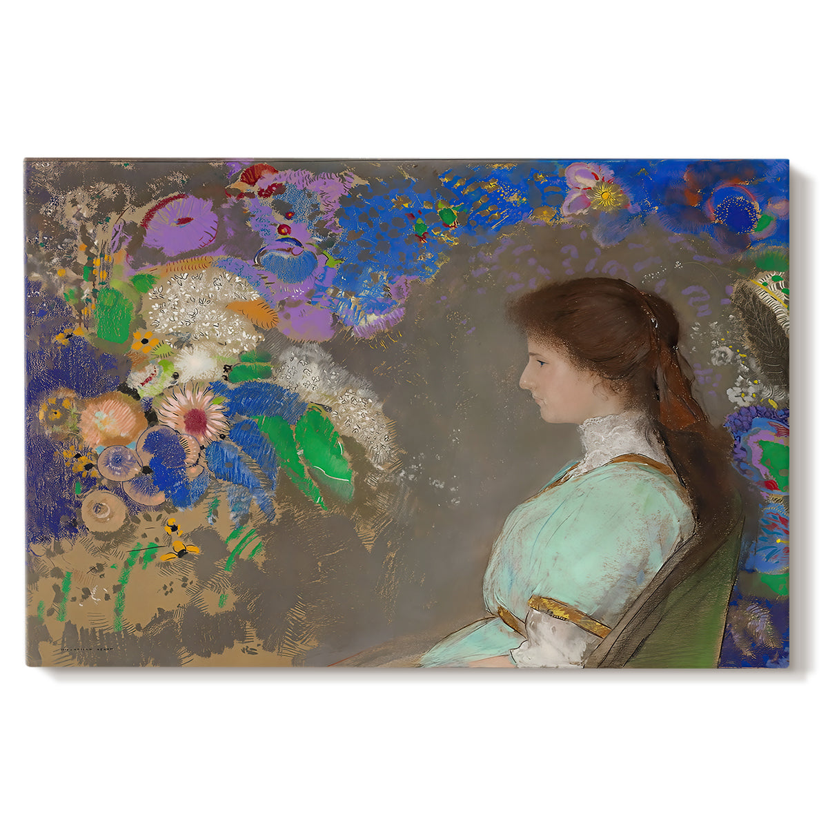 Canvas art print portraying a young woman in profile with soft decorative background, set against a white background