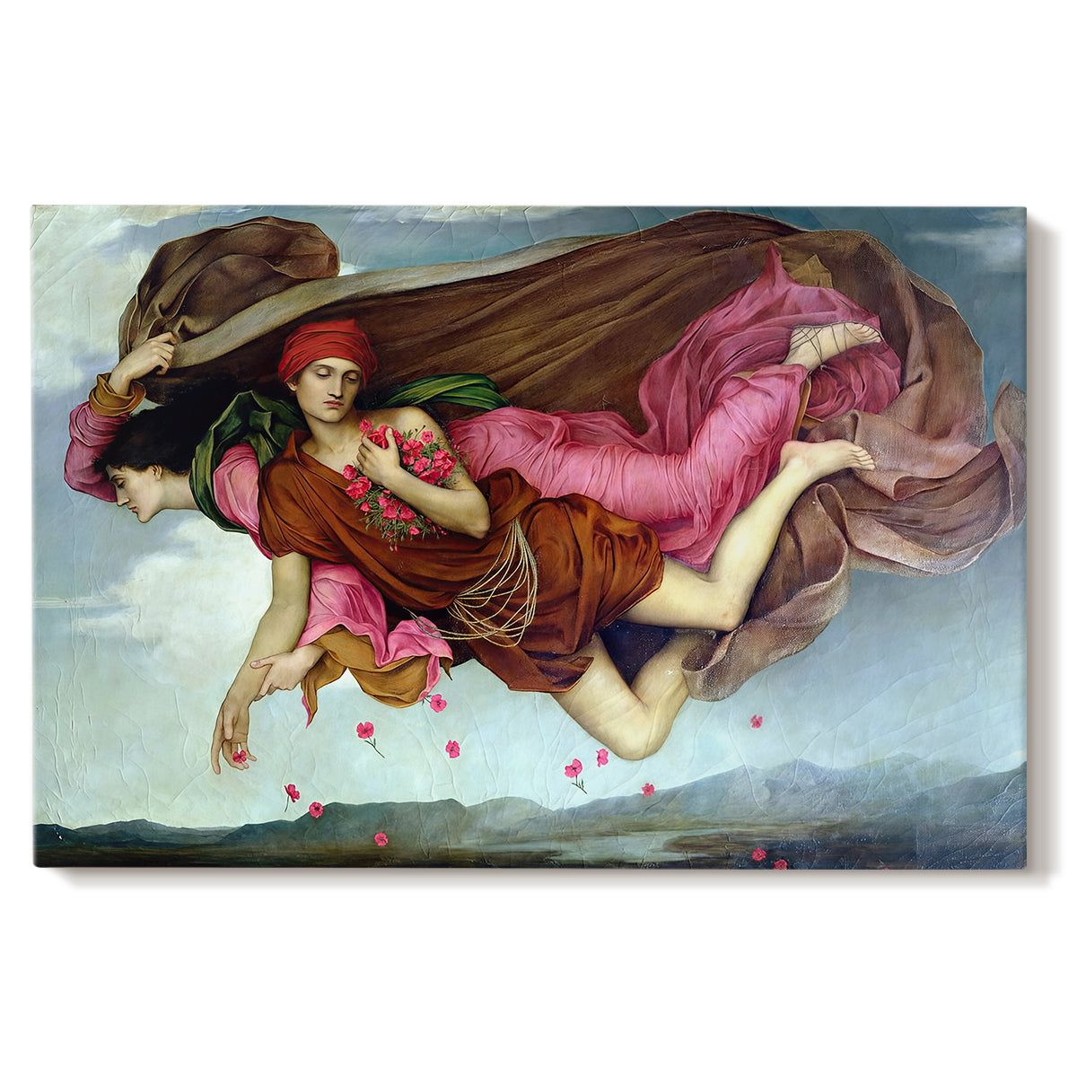 Canvas art print portraying two intertwined female figures floating through dark sky representing night and sleep, set against a white background