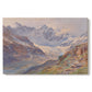 Canvas art print portraying an alpine glacier landscape with rugged peaks and snow-covered terrain, set against a white background