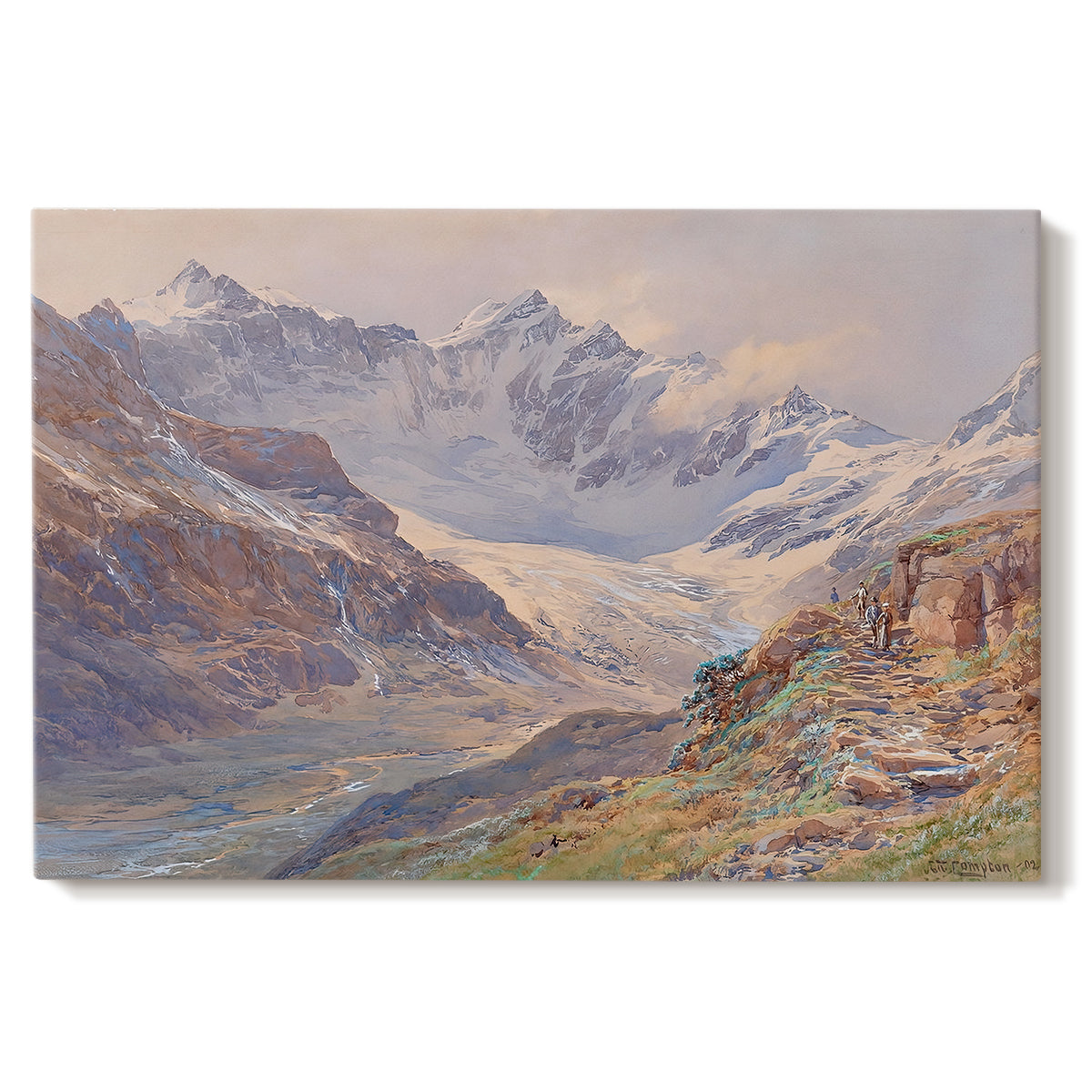 Canvas art print portraying an alpine glacier landscape with rugged peaks and snow-covered terrain, set against a white background
