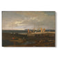 Canvas art print portraying a coastal view with ships and shoreline under sky, set against a white background