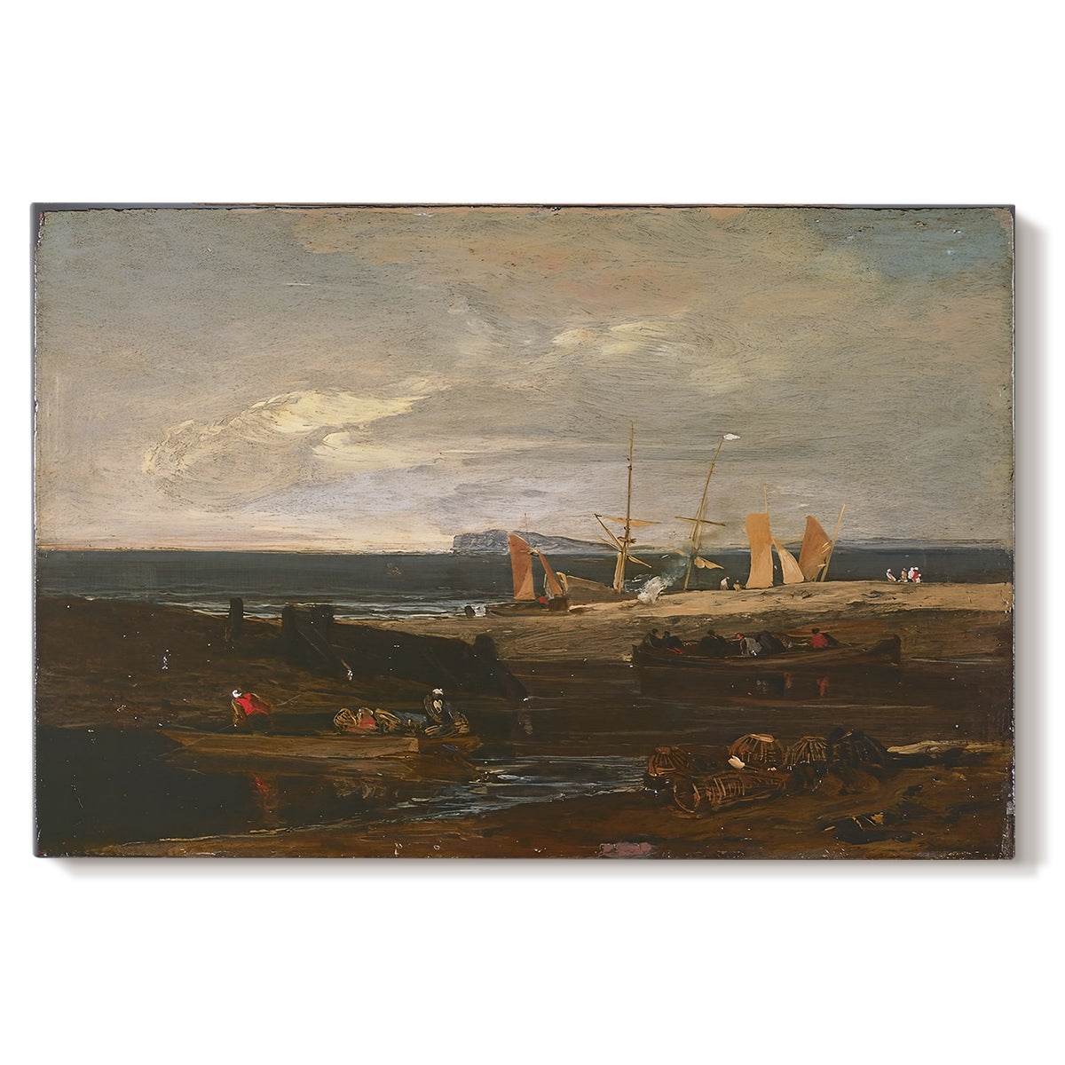 Canvas art print portraying a coastal view with ships and shoreline under sky, set against a white background