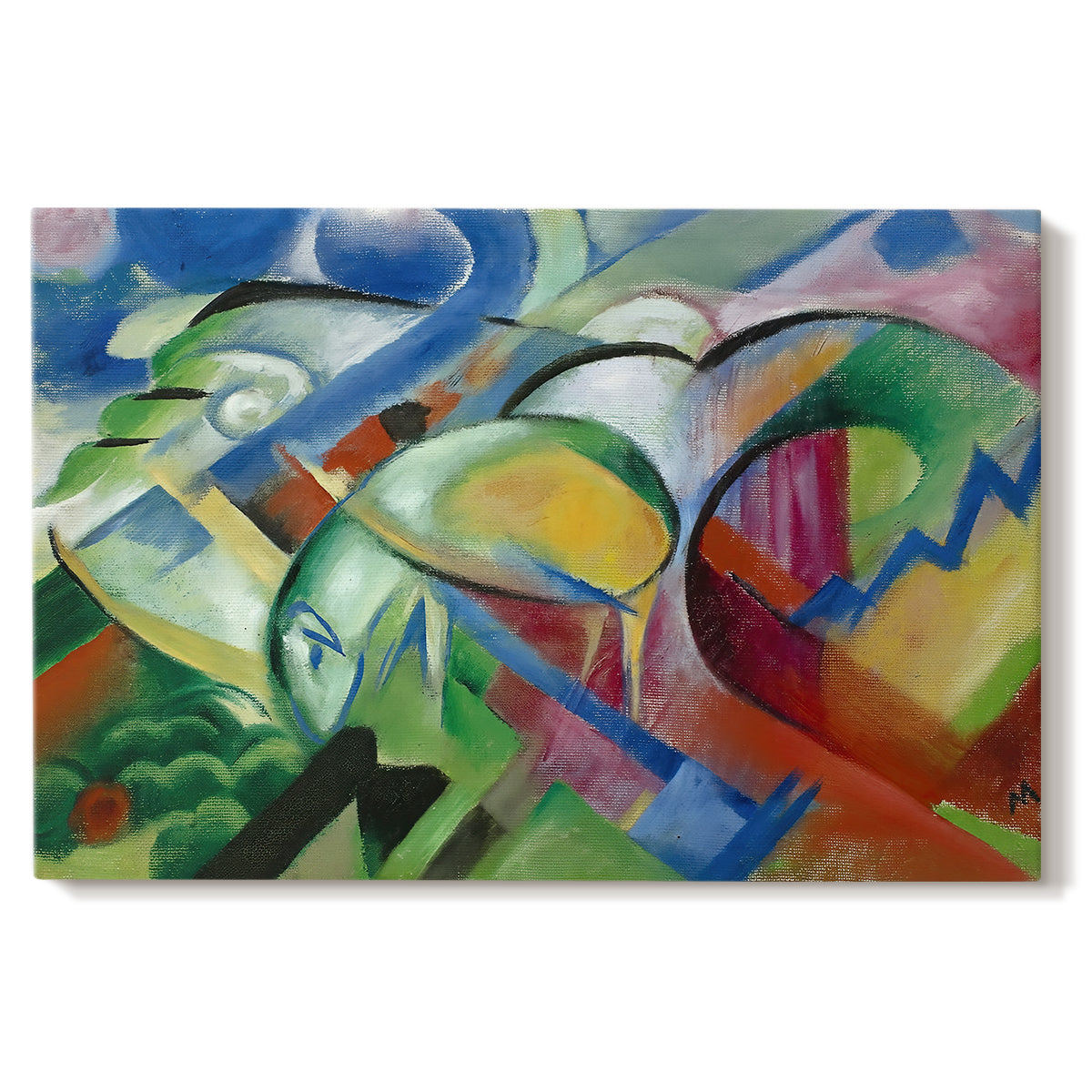 Canvas art print portraying abstracted sheep forms integrated into colorful geometric landscape, set against a white background