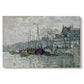 Canvas art print portraying a canal scene with boats and buildings lining waterfront in Amsterdam, set against a white background