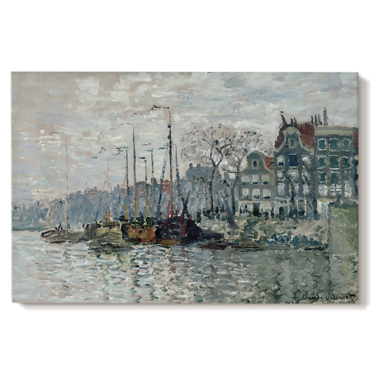 Canvas art print portraying a canal scene with boats and buildings lining waterfront in Amsterdam, set against a white background