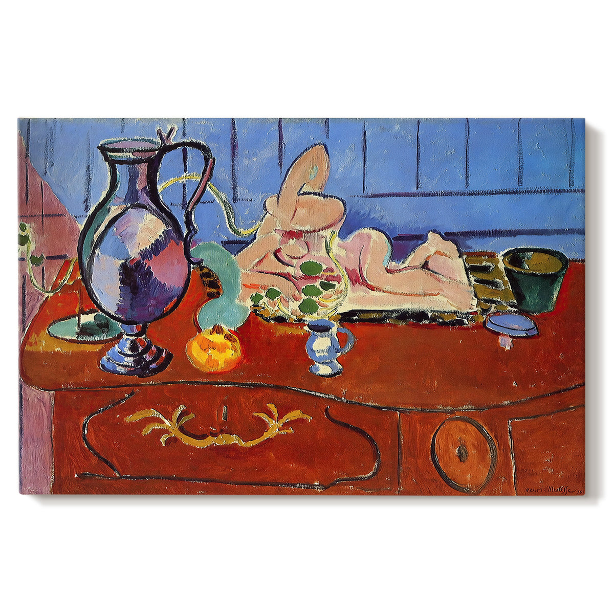 Canvas art print portraying a still life with pewter jug and pink statuette on a patterned table, set against a white background