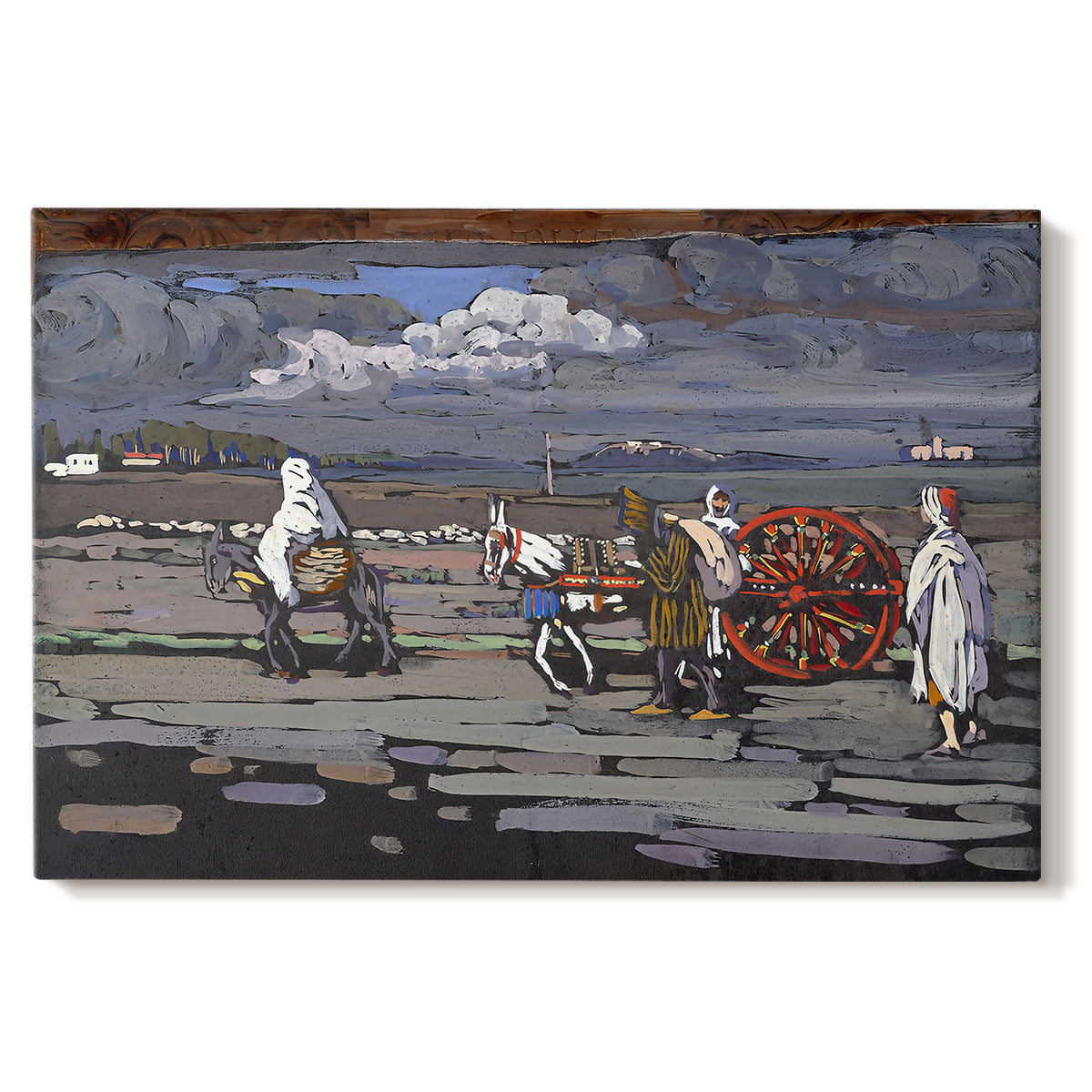 Canvas art print portraying a rural road scene with figures and landscape rendered in bold color and simplified forms, set against a white background