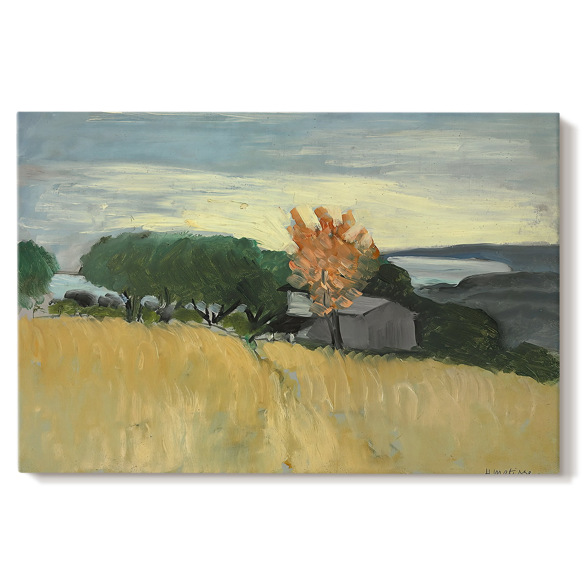 Canvas art print portraying a golden wheat field stretching across a sunlit landscape under open sky, set against a white background