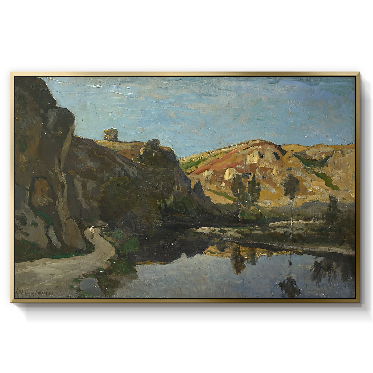 River Landscape with Cliffs, c. 1850-1860 - Floater Framed Canvas Print