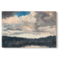 Canvas art print portraying a single boat floating on still lake surrounded by forested shoreline, set against a white background