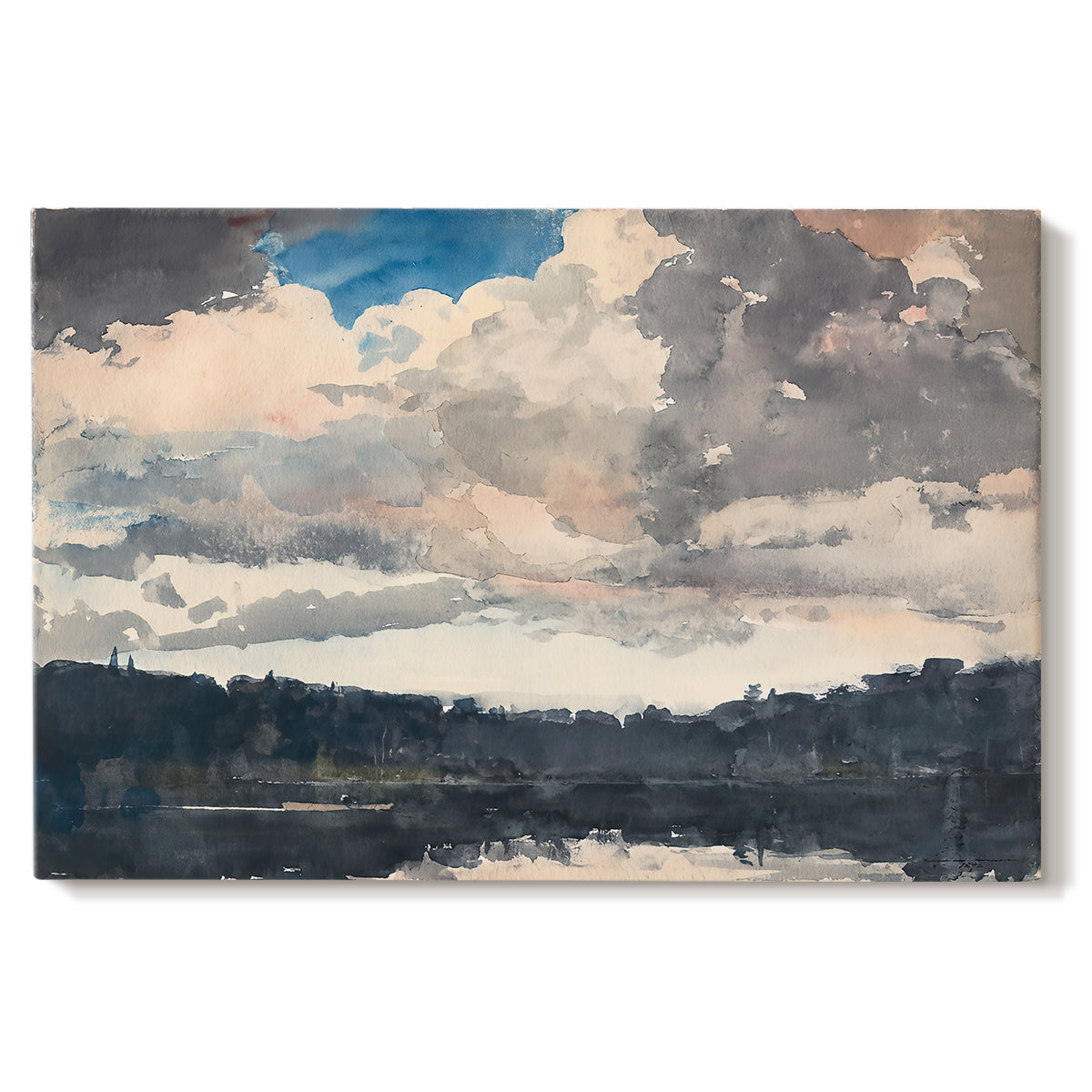 Canvas art print portraying a single boat floating on still lake surrounded by forested shoreline, set against a white background