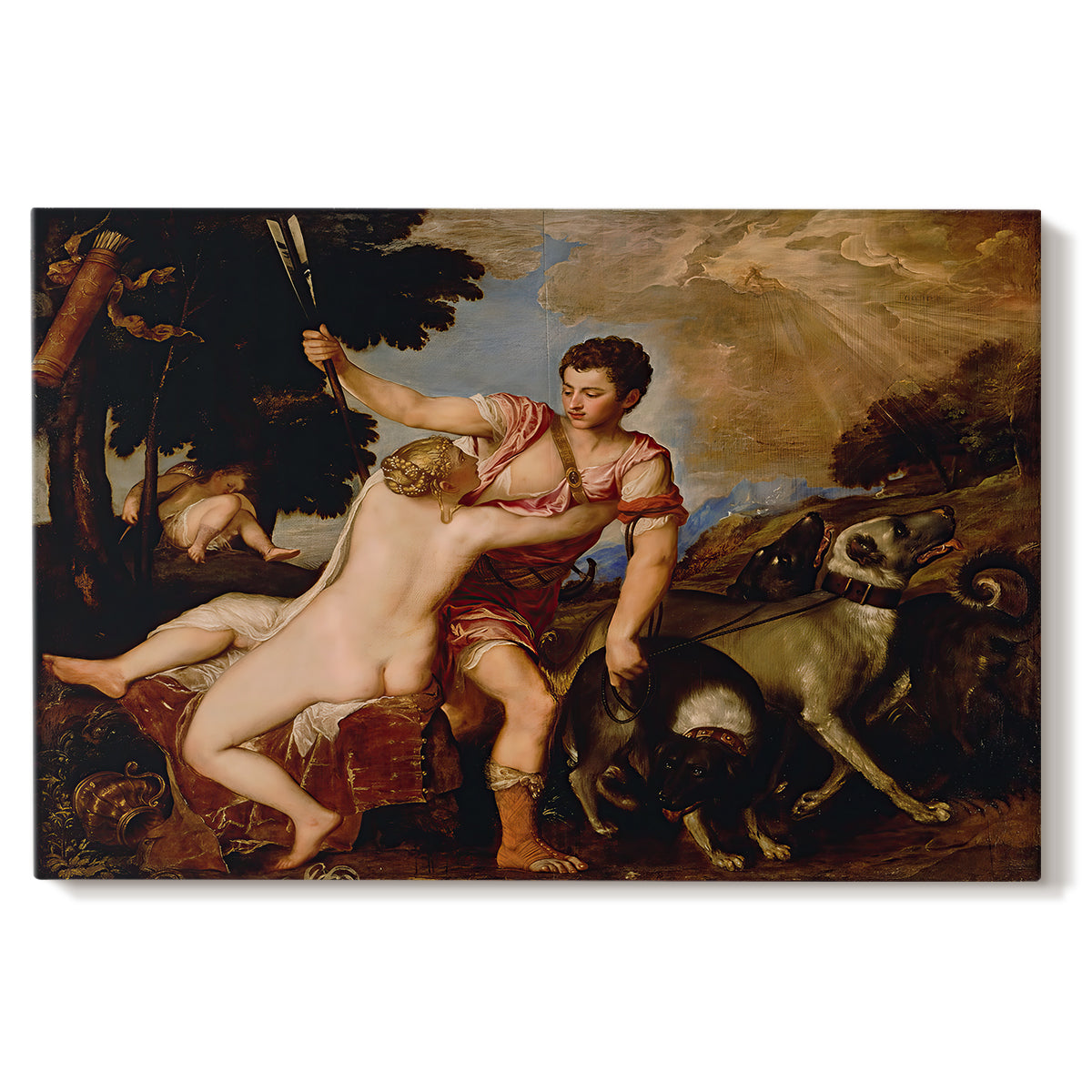 Canvas art print portraying a mythological couple in dramatic embrace as Adonis prepares to depart, set against a white background