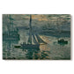 Canvas art print portraying a hazy sunrise over harbor with boats silhouetted in soft morning light, set against a white background