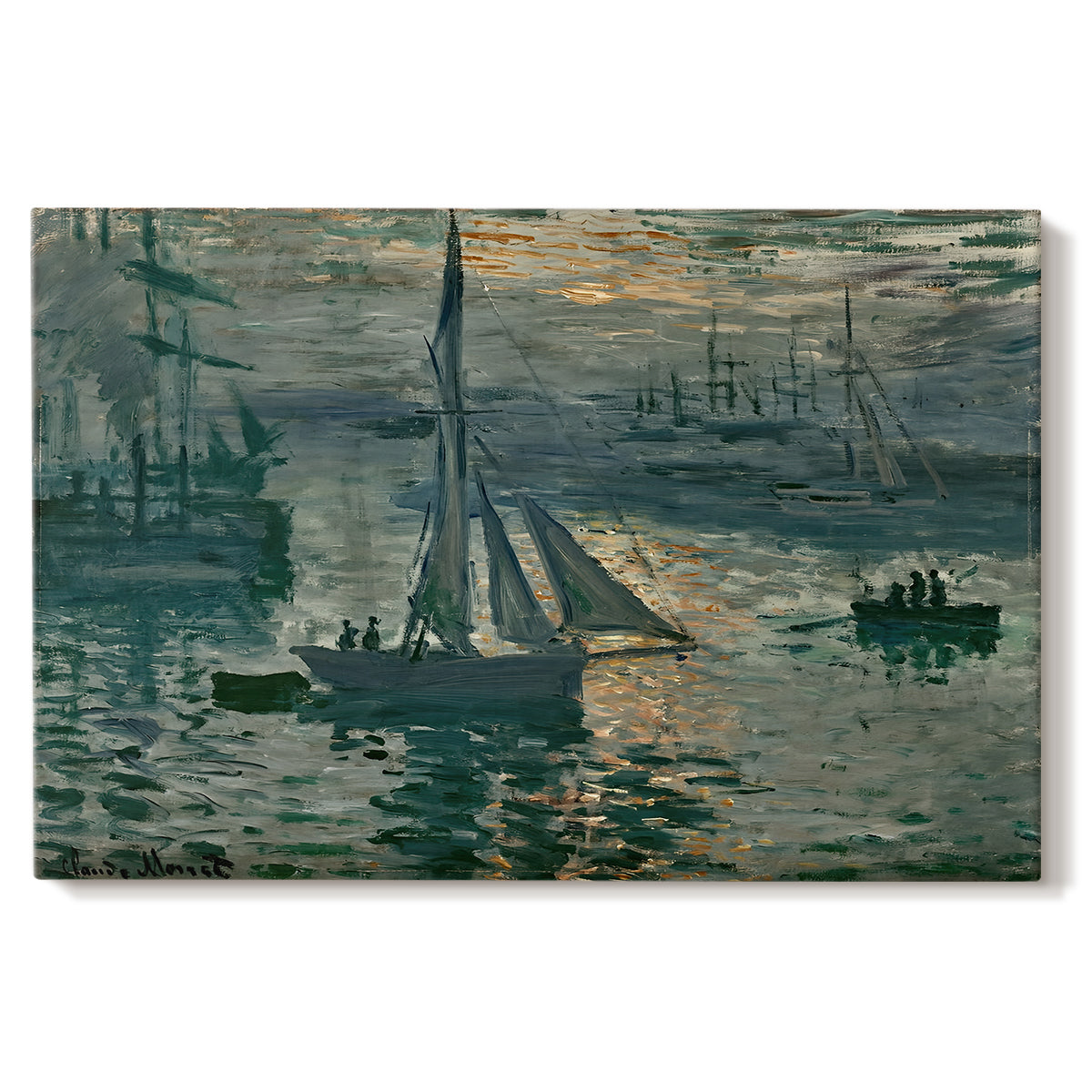 Canvas art print portraying a hazy sunrise over harbor with boats silhouetted in soft morning light, set against a white background