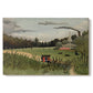 Canvas art print portraying an industrial factory building with figures working in outdoor setting, set against a white background