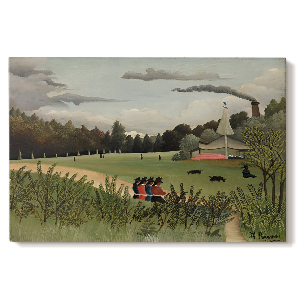Canvas art print portraying an industrial factory building with figures working in outdoor setting, set against a white background