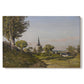 Canvas art print portraying a rural village with church surrounded by trees and open land, set against a white background