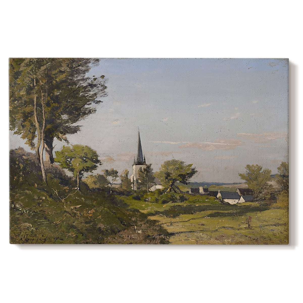 Canvas art print portraying a rural village with church surrounded by trees and open land, set against a white background