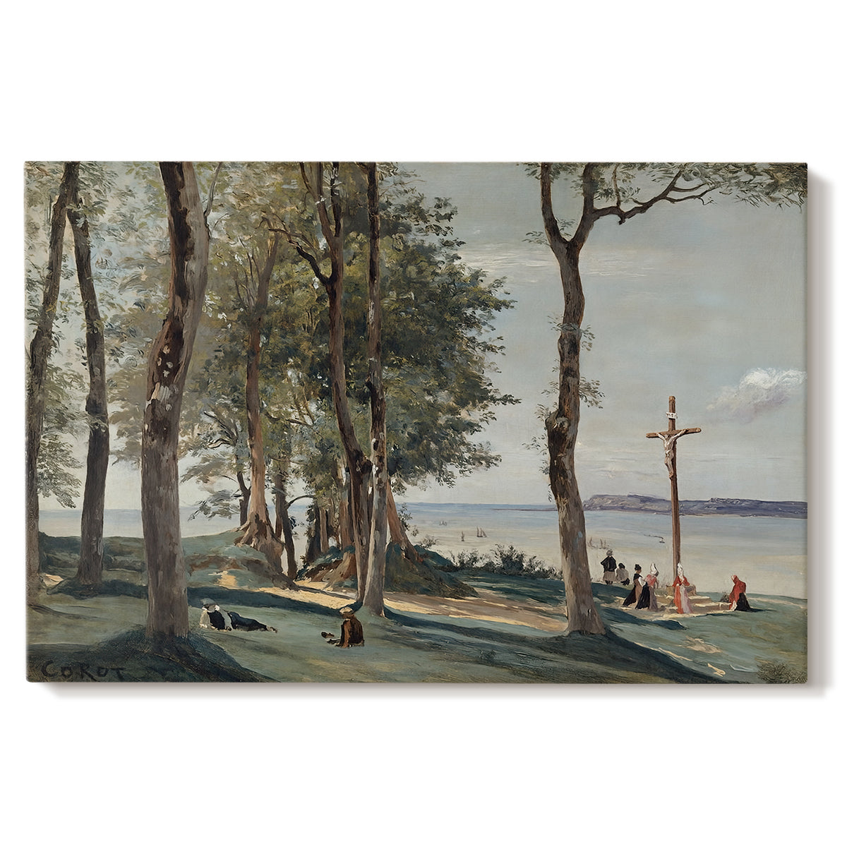Canvas art print portraying a hillside landscape with religious cross overlooking trees and distant terrain, set against a white background