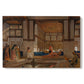 Canvas art print portraying an interior scene with woman receiving guests in ornate room, set against a white background